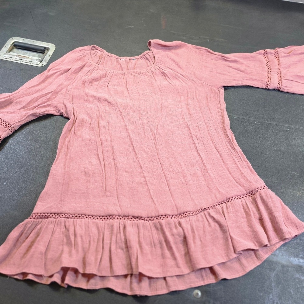 Boho Crochet Lace Ruffle Hem Tunic Top Dusty Rose Pink Texture Romanticd Gauze